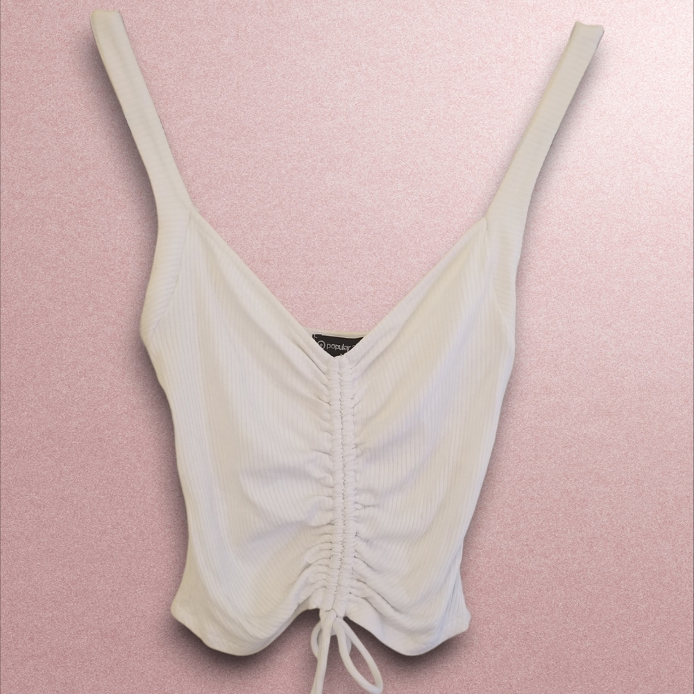 Ruched Crop V Neck Tank Top with Drawstring White Women's Small